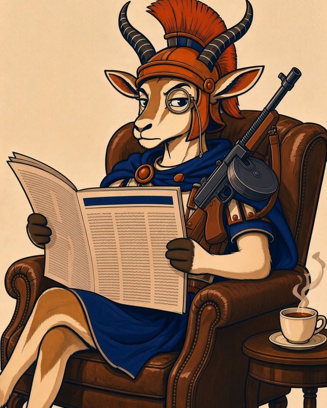 Gazellius Maximus, a gazelle in a Roman helmet and navy cape, reading the paper in a leather armchair beside a cup of coffee